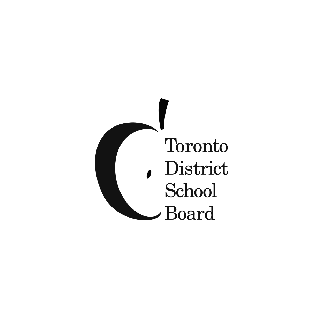 Black and white logo of the Toronto District School Board featuring a stylized apple to the left of the text, symbolizing edcucation at the Toronto District School Board.