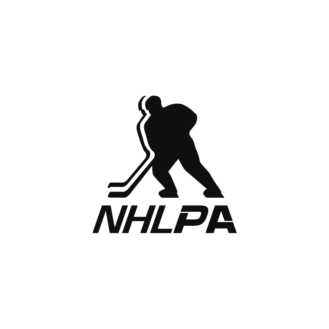 Silhouette of a hockey player in a skating pose with a stick on the left, NHLPA boldly written below. This striking design, set against a white background, captures the essence of entertainment in the world of sports.