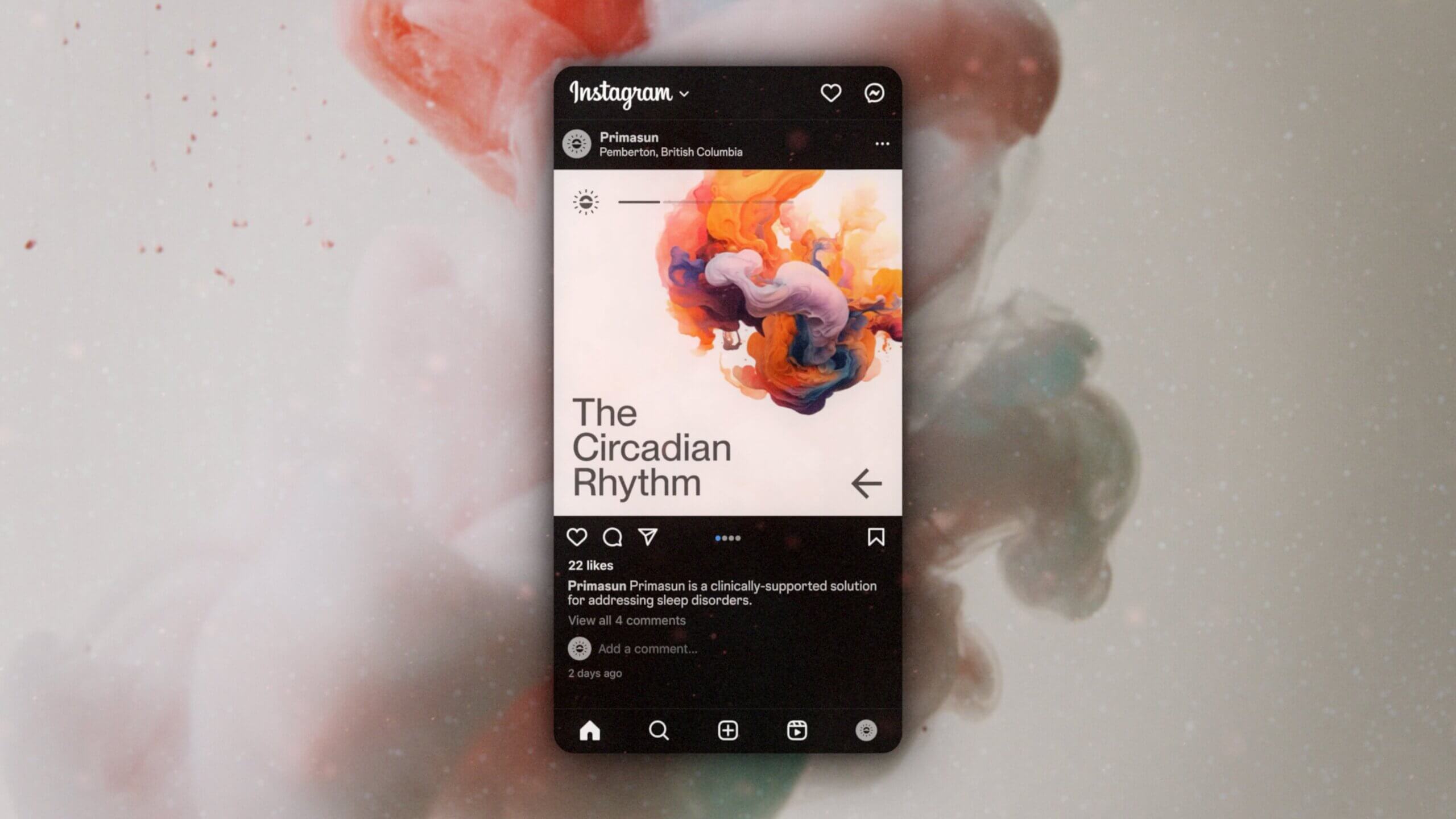 Smartphone displaying an Instagram post with abstract colorful swirling patterns. The text The Circadian Rhythm is prominent on the screen. The background is a soft blend of blurred colors, creating an artistic effect.